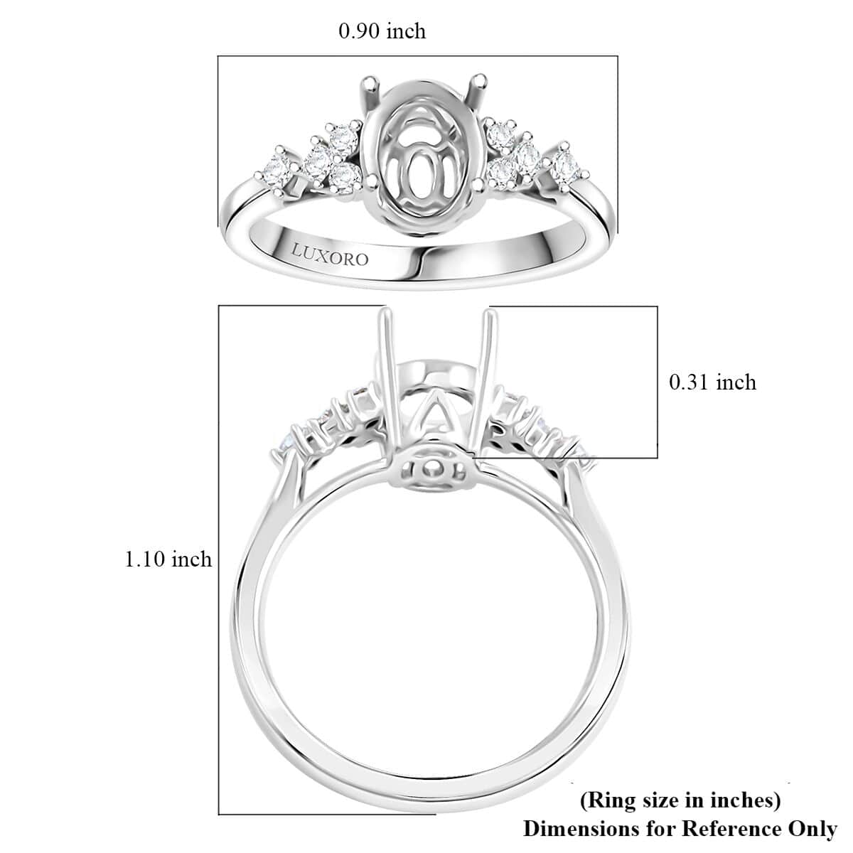 Luxoro 14K White Gold Diamond Mounting Ring (Size 10.0) (Oval 8x6mm) 0.17 ctw image number 4