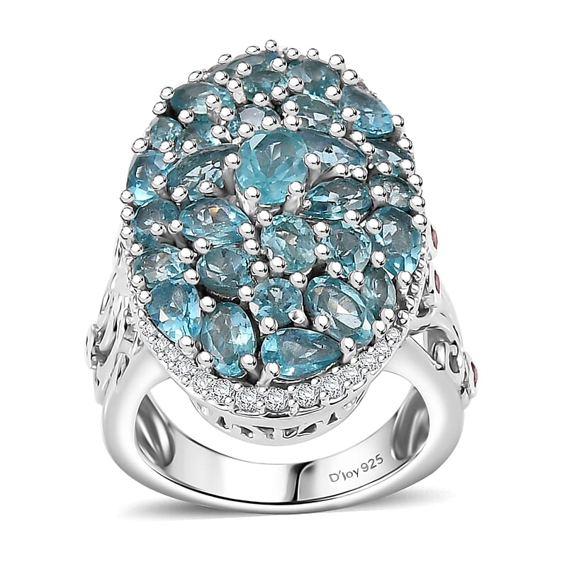 D'Joy Betroka Blue Apatite and Multi Gemstone 6.40 ctw Eternal Bloom Ring in Rhodium Over Sterling Silver (Size 10.0)
