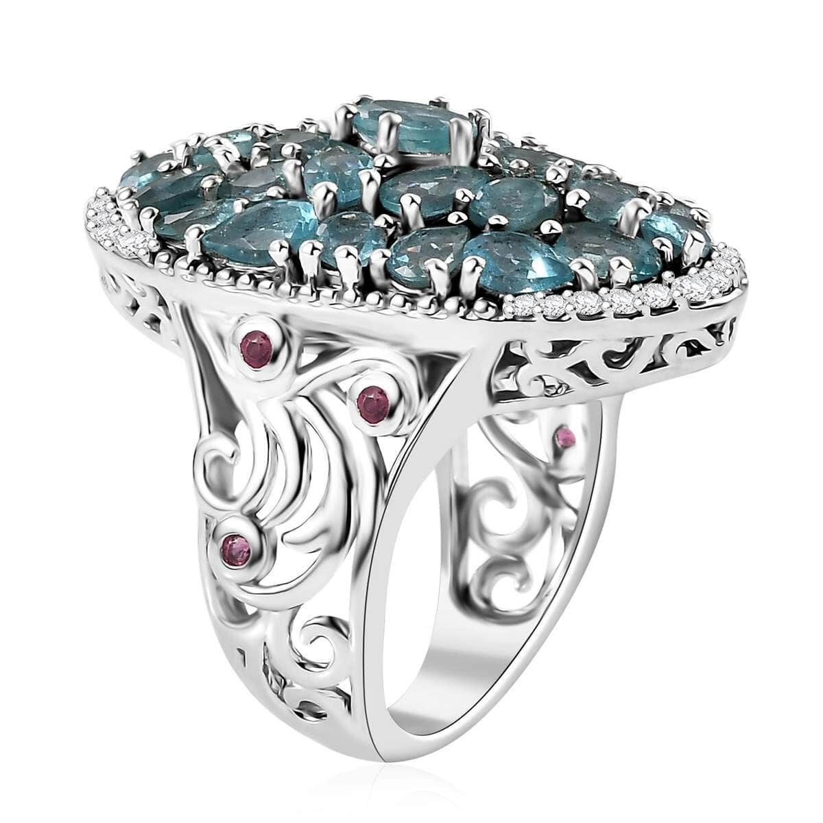 Doorbuster Betroka Blue Apatite and Multi Gemstone 6.40 ctw Eternal Bloom Ring in Rhodium Over Sterling Silver (Size 7.0) image number 3