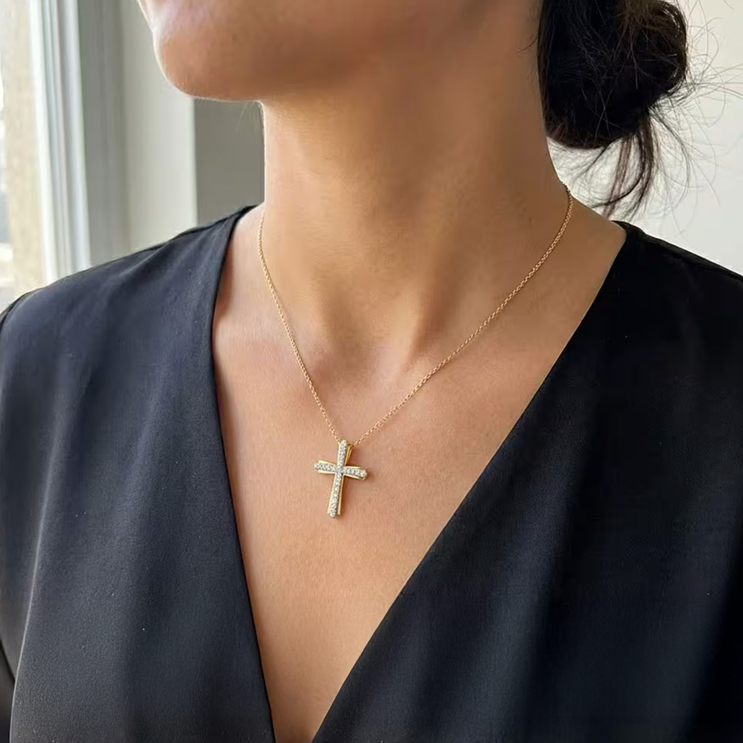 Luxuriant Lab Grown Diamond G-H SI 0.50 ctw Cross Pendant without Chain in Vermeil Yellow Gold Over Sterling Silver (Del. in 12-15 Days)