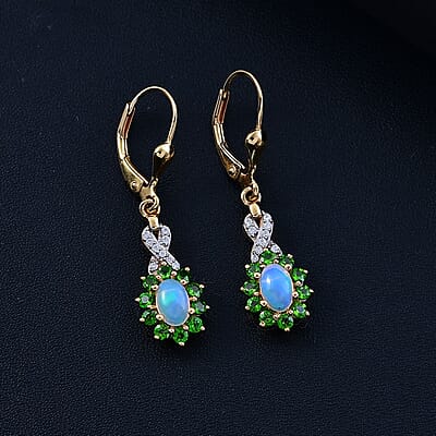 Premium Ethiopian Welo Opal and Multi Gemstone 1.60 ctw Sunburst Earrings in 18K Vermeil Yellow Gold Over Sterling Silver