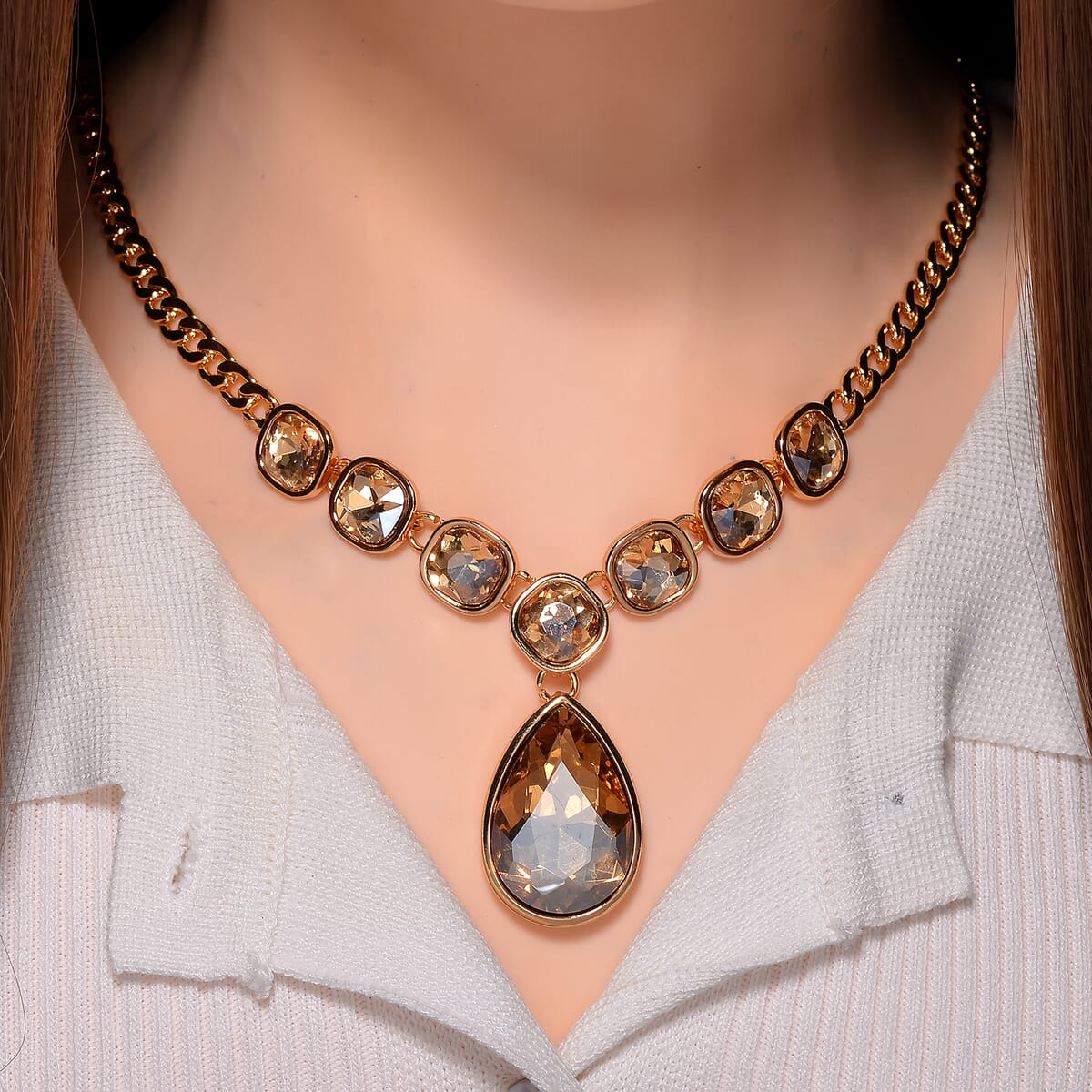 Simulated Champagne Quartz Necklace in Goldtone 19.5-21.5 Inches image number 1