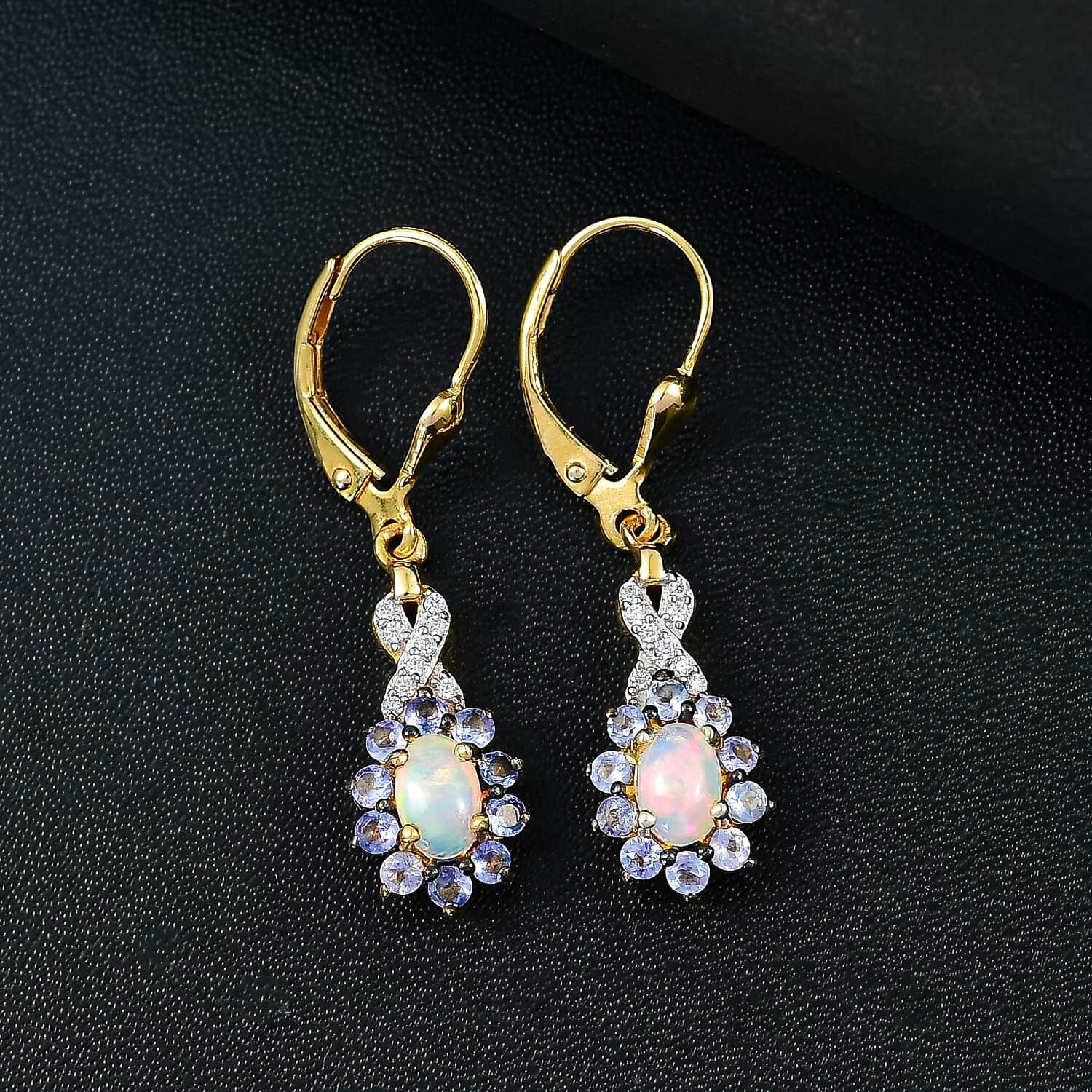 Sun shaped Ethiopian opal gemstone high quality earrings, 18 carat gold plated over sterling silver - Item# EAR101