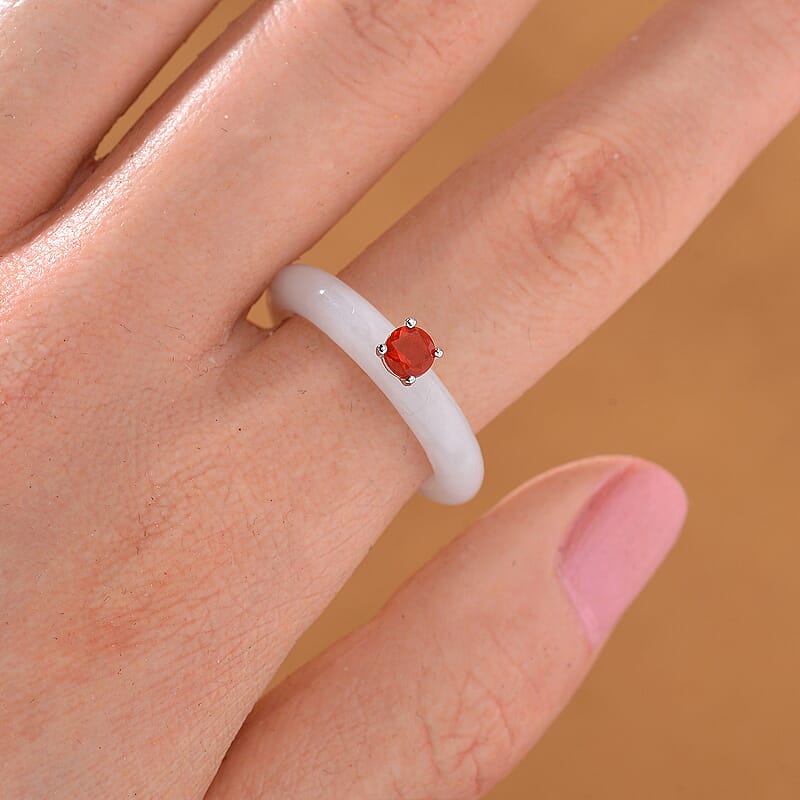 Natural Jade and Fire Opal 10.00 ctw Band Ring in Rhodium Over Sterling Silver (Size 6.0)