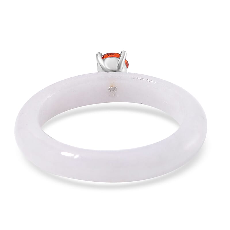 Natural Jade and Fire Opal 10.00 ctw Band Ring in Rhodium Over Sterling Silver (Size 6.0)