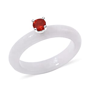 Natural Jade and Fire Opal 10.00 ctw Band Ring in Rhodium Over Sterling Silver (Size 8.0)
