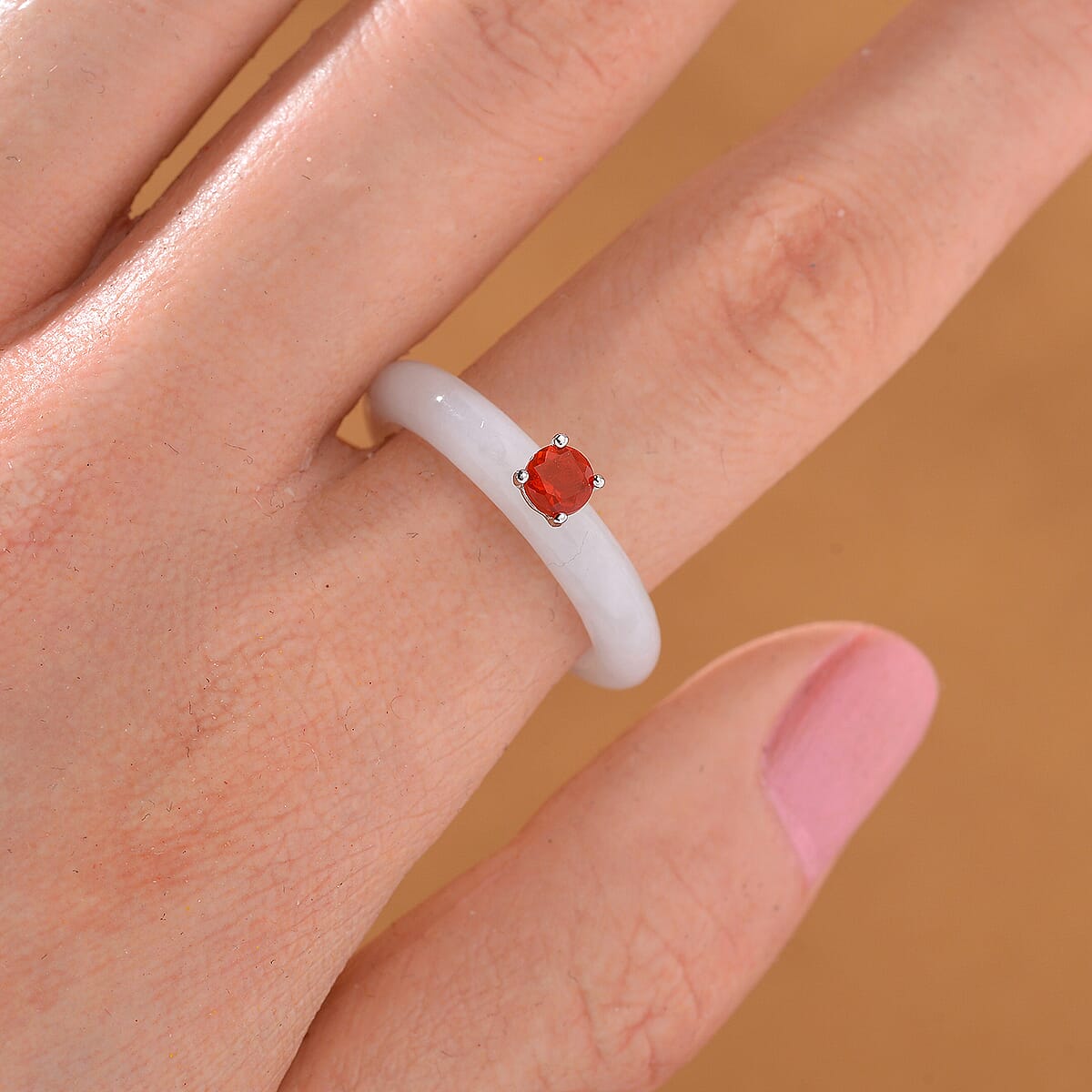 Natural Jade and Fire Opal 10.00 ctw Band Ring in Rhodium Over Sterling Silver (Size 8.0) image number 1
