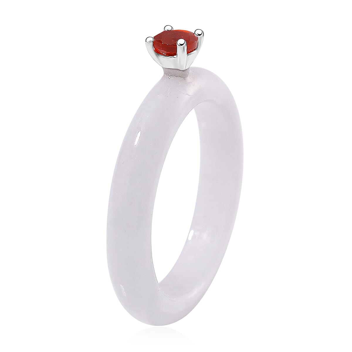 Natural Jade and Fire Opal 10.00 ctw Band Ring in Rhodium Over Sterling Silver (Size 9.0)