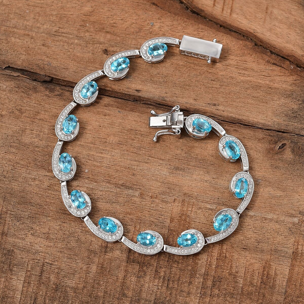 Betroka Blue Apatite and White Zircon 7.40 ctw Sea Waves Bracelet in Rhodium Over Sterling Silver (7.25 In) image number 1