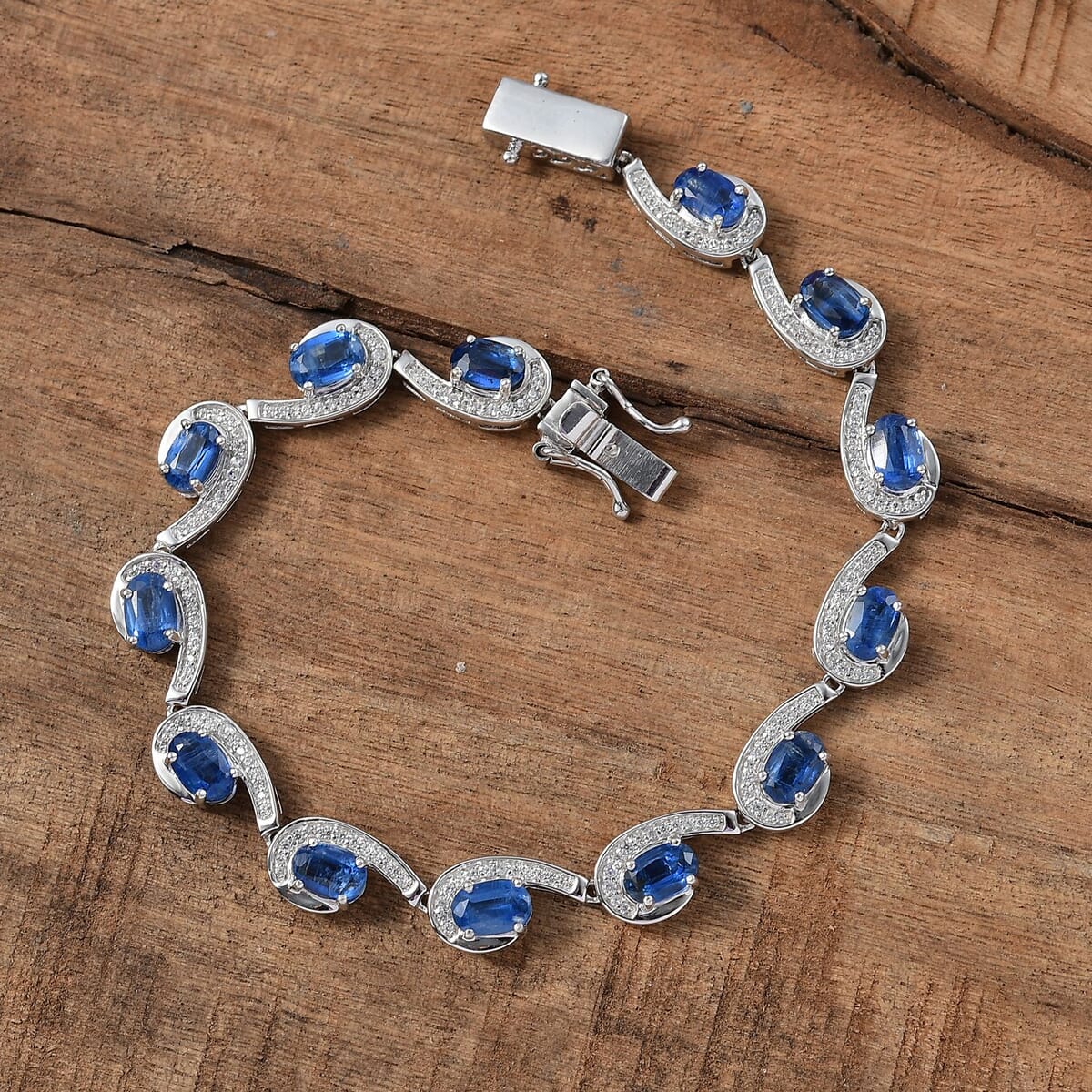 Kashmir Kyanite and White Zircon 9.75 ctw Sea Waves Bracelet in Rhodium Over Sterling Silver (7.25 In) image number 1