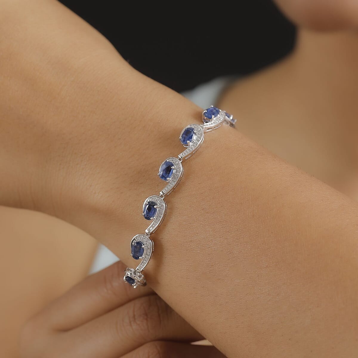 Kashmir Kyanite and White Zircon 9.75 ctw Sea Waves Bracelet in Rhodium Over Sterling Silver (7.25 In) image number 2