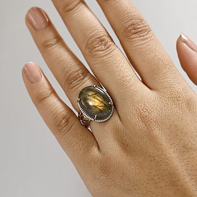 Karis Madagascar Fire Labradorite 20.50 ctw Solitaire Ring in Platinum Bond (Size 10.0)