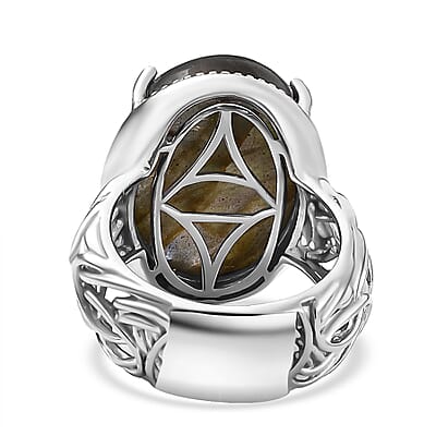Karis Madagascar Fire Labradorite 20.50 ctw Solitaire Ring in Platinum Bond (Size 10.0)