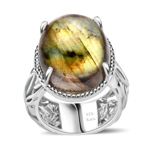 Karis Madagascar Fire Labradorite 20.50 ctw Solitaire Ring in Platinum Bond (Size 9.0)