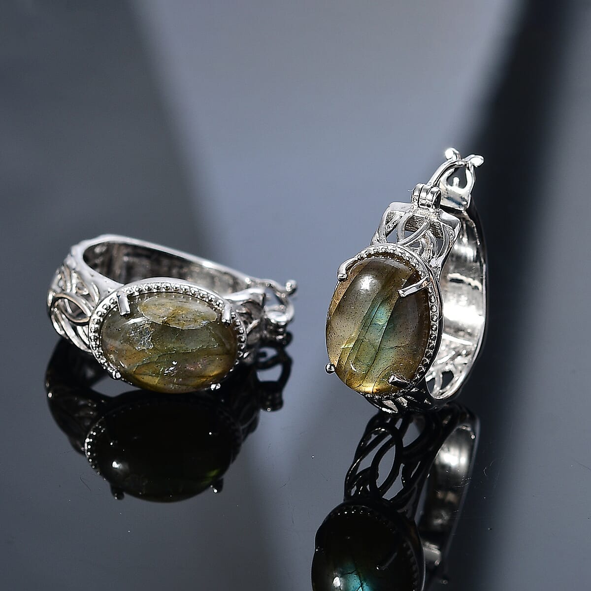 Karis Madagascar Fire Labradorite 12.00 ctw Hoop Earrings Platinum Bond image number 1