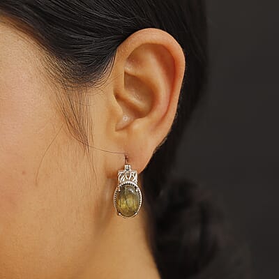 Karis Madagascar Fire Labradorite 12.00 ctw Hoop Earrings Platinum Bond
