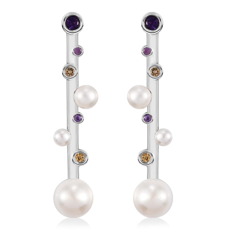D'Joy Freshwater Pearl and Multi Gemstone 0.40 ctw Earrings in Platinum Over Sterling Silver
