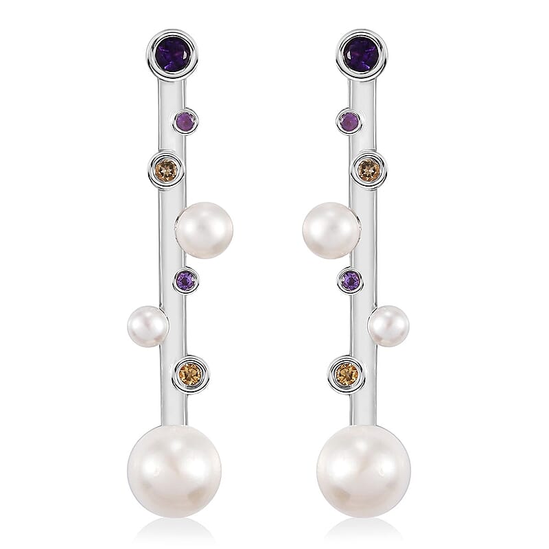 D'Joy Freshwater Pearl and Multi Gemstone 0.40 ctw Earrings in Platinum Over Sterling Silver