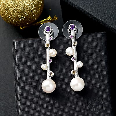 D'Joy Freshwater Pearl and Multi Gemstone 0.40 ctw Earrings in Platinum Over Sterling Silver