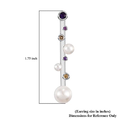 D'Joy Freshwater Pearl and Multi Gemstone 0.40 ctw Earrings in Platinum Over Sterling Silver
