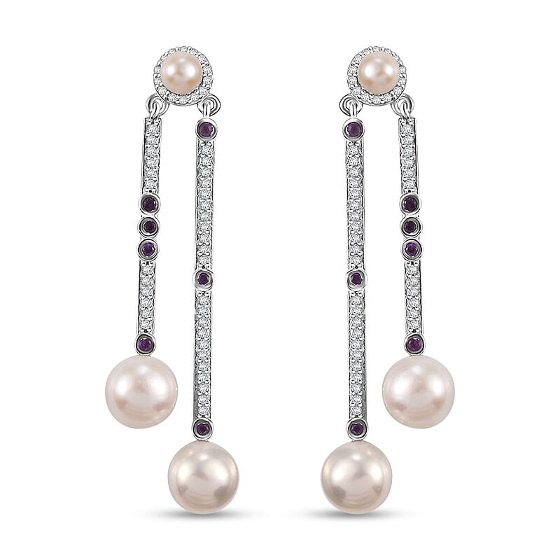 D'Joy Freshwater Pearl and Multi Gemstone 15.75 ctw Earrings in Platinum Over Sterling Silver