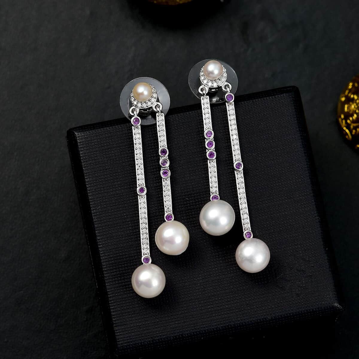 Freshwater Pearl and Multi Gemstone 15.75 ctw Earrings in Platinum Over Sterling Silver image number 1