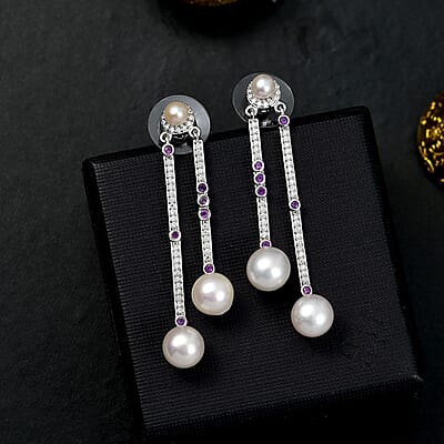 D'Joy Freshwater Pearl and Multi Gemstone 15.75 ctw Earrings in Platinum Over Sterling Silver