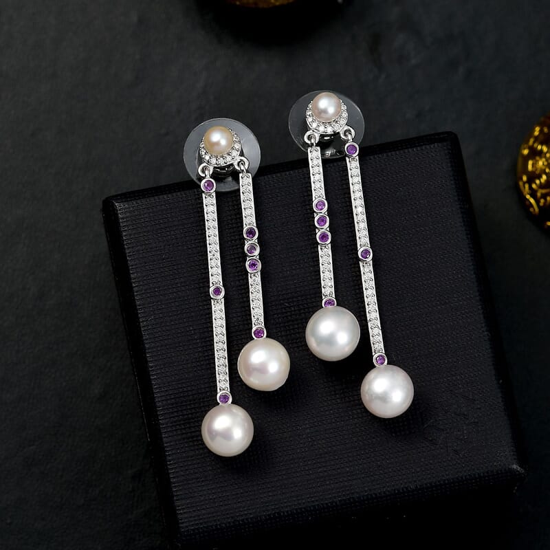 D'Joy Freshwater Pearl and Multi Gemstone 15.75 ctw Earrings in Platinum Over Sterling Silver