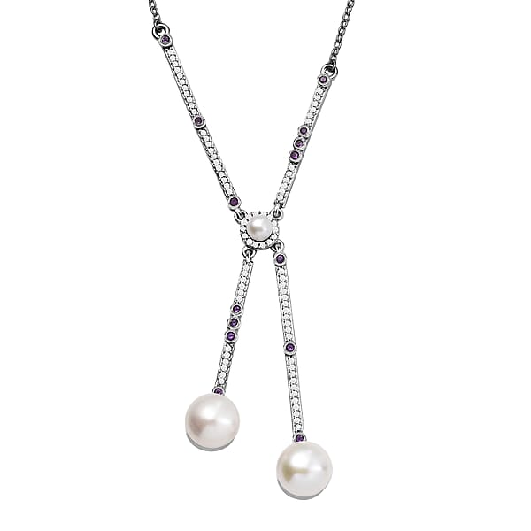 D'Joy Freshwater Pearl and Multi Gemstone 1.00 ctw Necklace in Platinum Over Sterling Silver 18 Inches