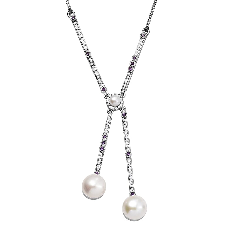 D'Joy Freshwater Pearl and Multi Gemstone 1.00 ctw Necklace in Platinum Over Sterling Silver 18 Inches