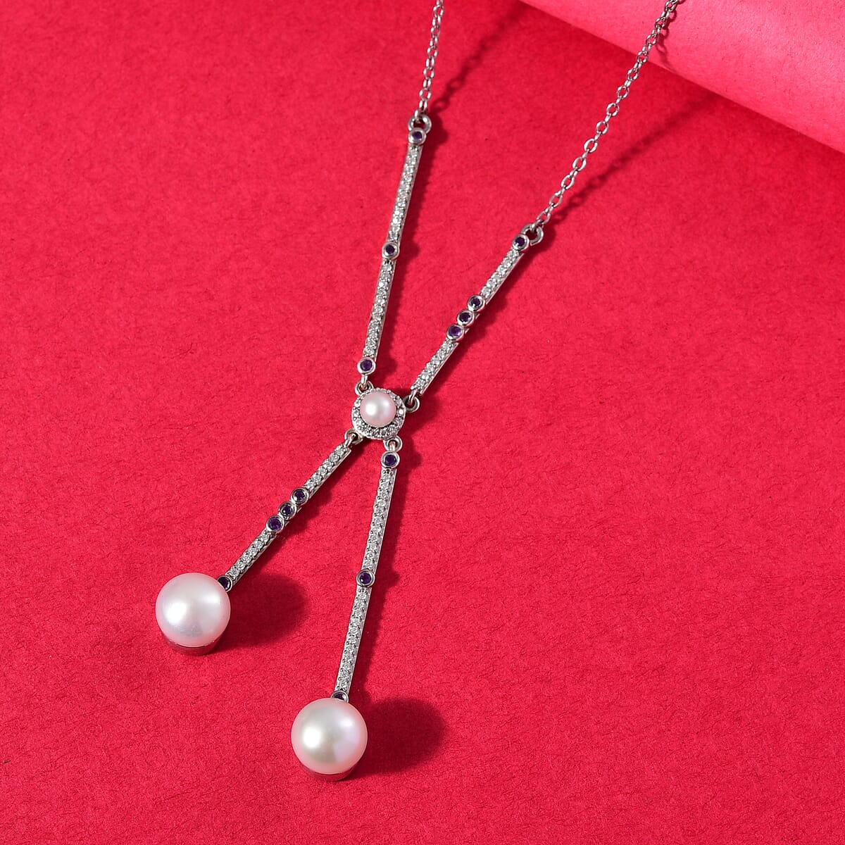 Freshwater Pearl and Multi Gemstone 1.00 ctw Necklace in Platinum Over Sterling Silver 18 Inches image number 1