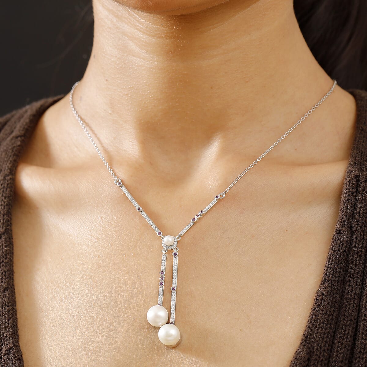 Freshwater Pearl and Multi Gemstone 1.00 ctw Necklace in Platinum Over Sterling Silver 18 Inches image number 2