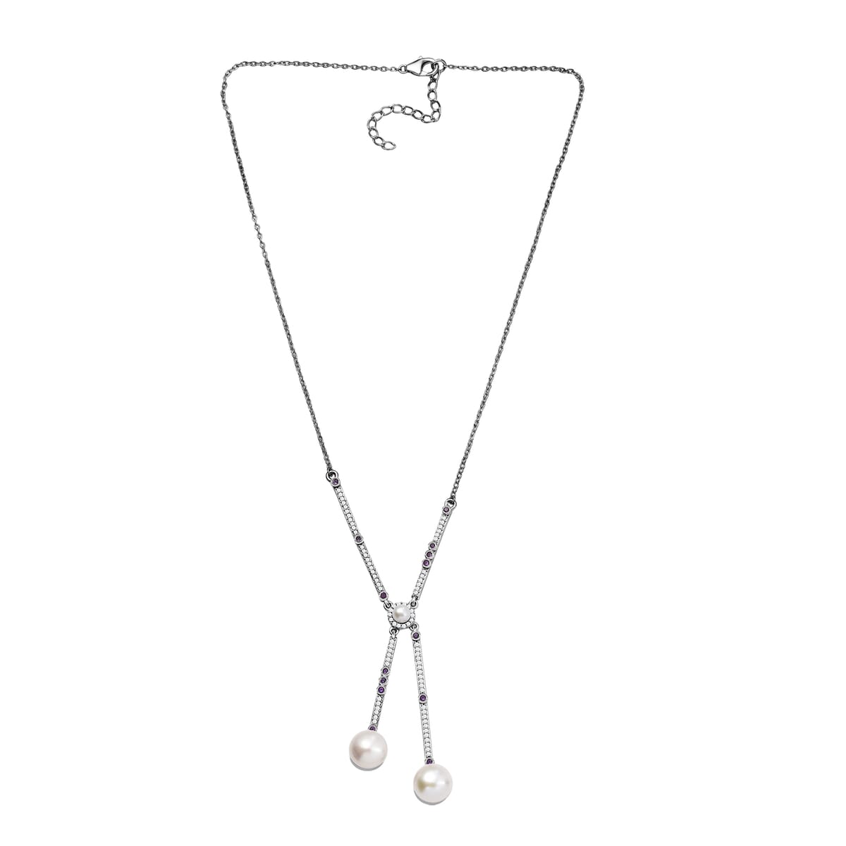 Freshwater Pearl and Multi Gemstone 1.00 ctw Necklace in Platinum Over Sterling Silver 18 Inches image number 3