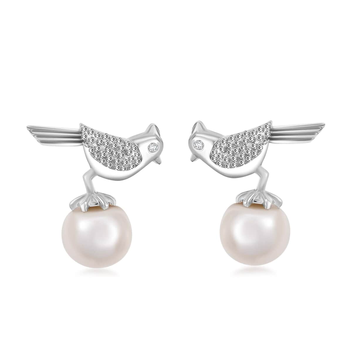 Freshwater Pearl and Moissanite Bird Earrings in Platinum Over Sterling Silver image number 0