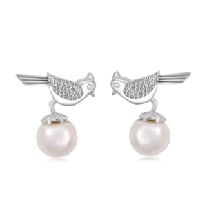 Freshwater Pearl and Moissanite Bird Earrings in Platinum Over Sterling Silver