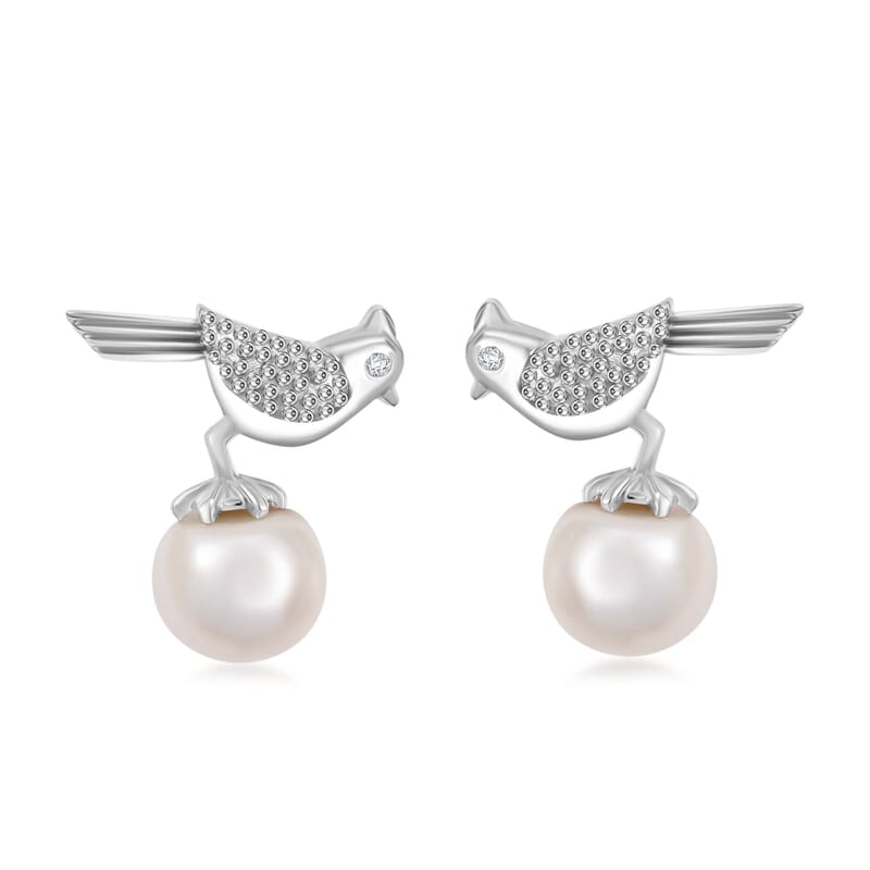 D'Joy Freshwater Pearl and Moissanite Bird Earrings in Platinum Over Sterling Silver