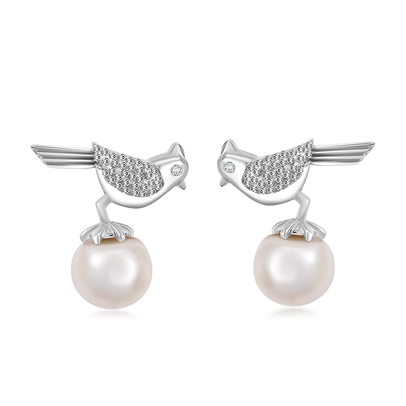 D'Joy Freshwater Pearl and Moissanite Bird Earrings in Platinum Over Sterling Silver