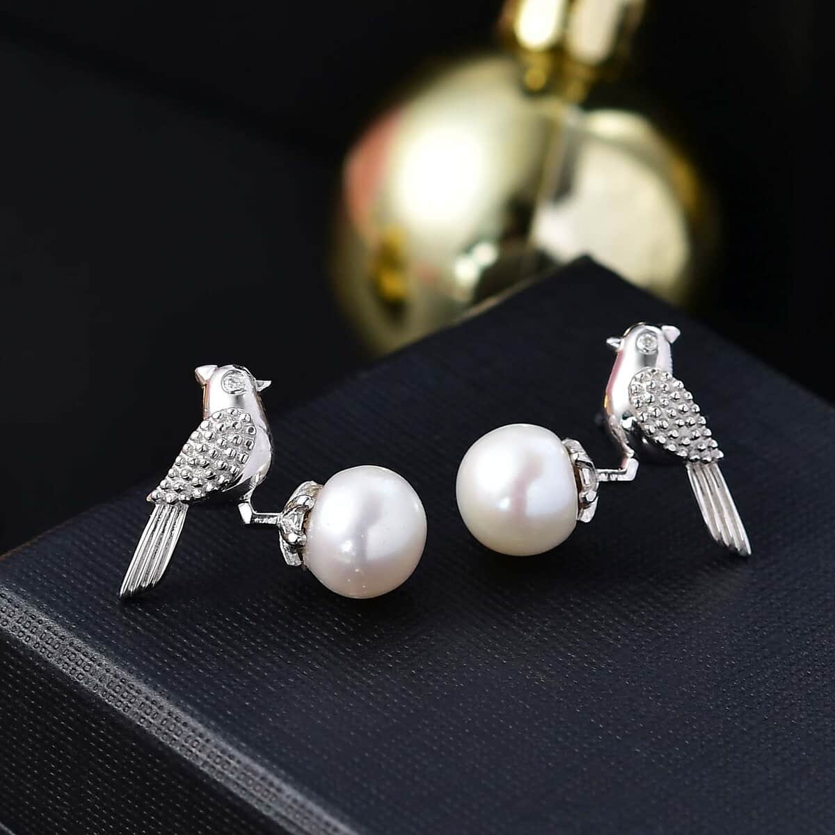 Freshwater Pearl and Moissanite Bird Earrings in Platinum Over Sterling Silver image number 1