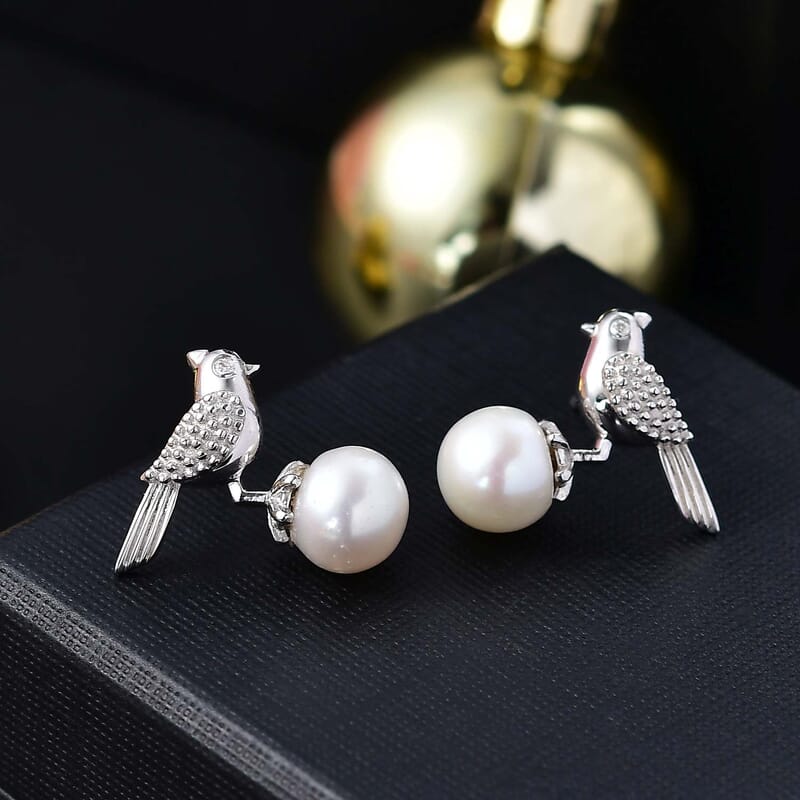 D'Joy Freshwater Pearl and Moissanite Bird Earrings in Platinum Over Sterling Silver