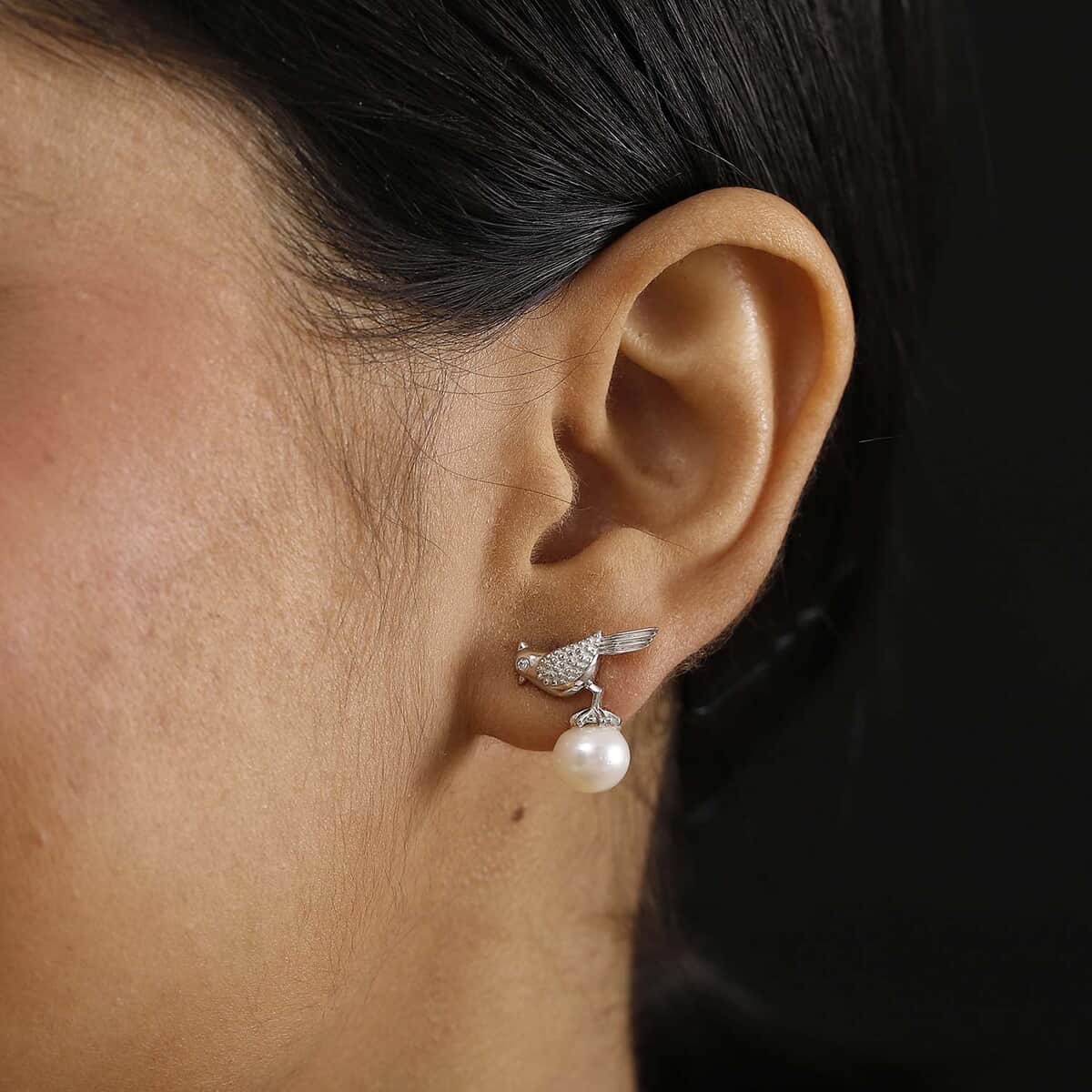 Freshwater Pearl and Moissanite Bird Earrings in Platinum Over Sterling Silver image number 2