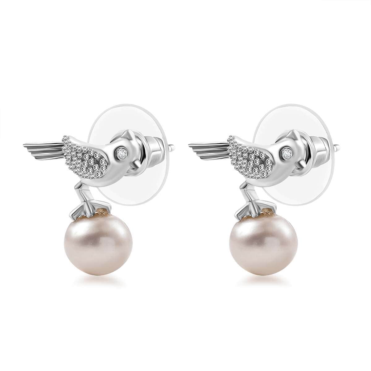 Freshwater Pearl and Moissanite Bird Earrings in Platinum Over Sterling Silver image number 3