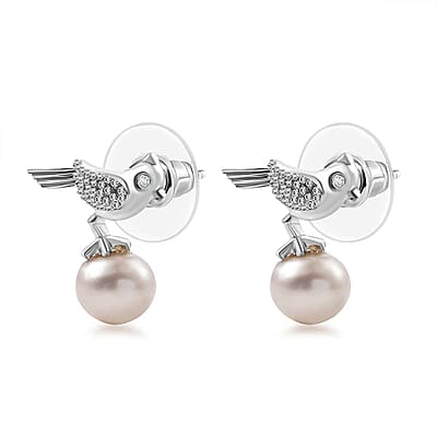 D'Joy Freshwater Pearl and Moissanite Bird Earrings in Platinum Over Sterling Silver