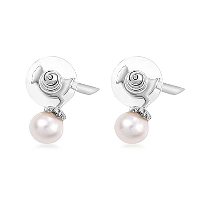 D'Joy Freshwater Pearl and Moissanite Bird Earrings in Platinum Over Sterling Silver
