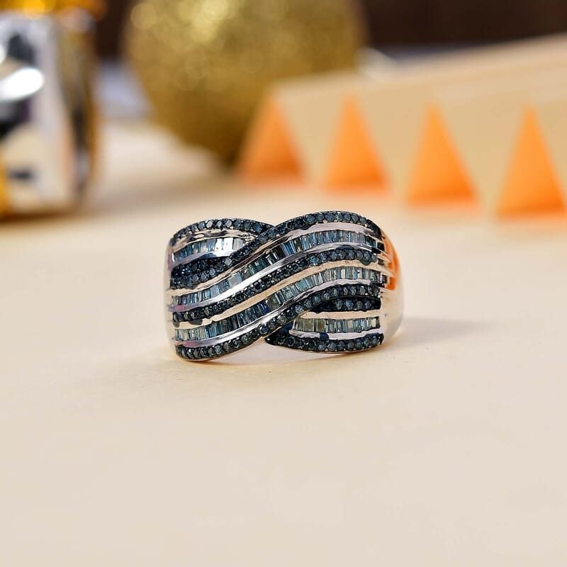  Blue Diamond (IR) Ring in Rhodium Over Sterling Silver (Size 7.0) 1.00 ctw
