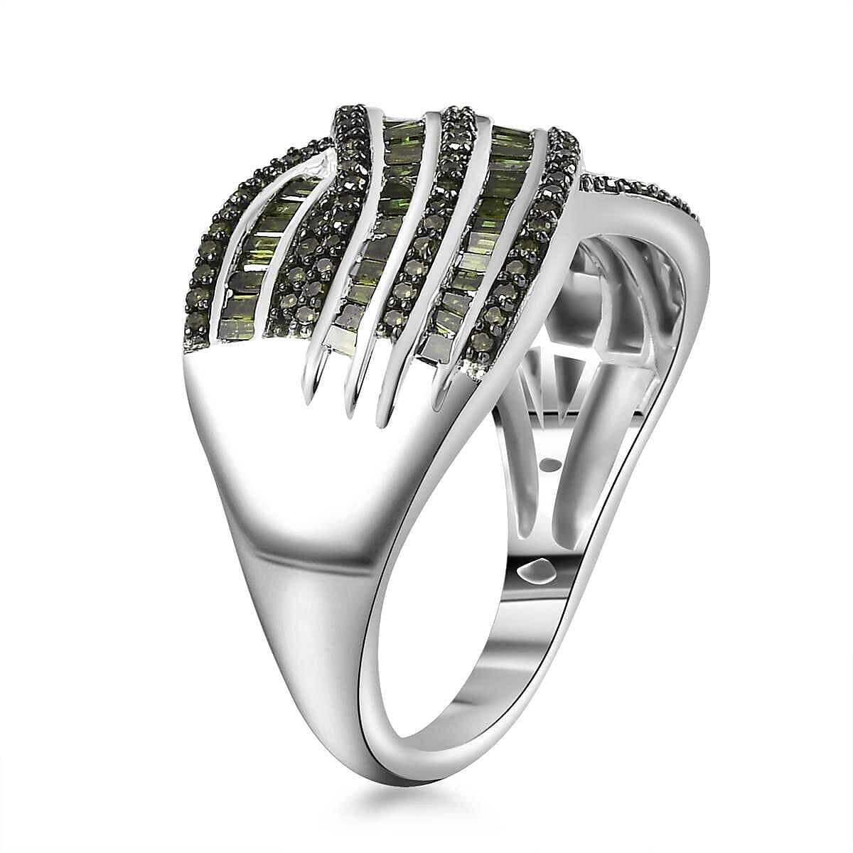  Green Diamond (IR) Ring in Rhodium Over Sterling Silver (Size 10.0) 1.00 ctw