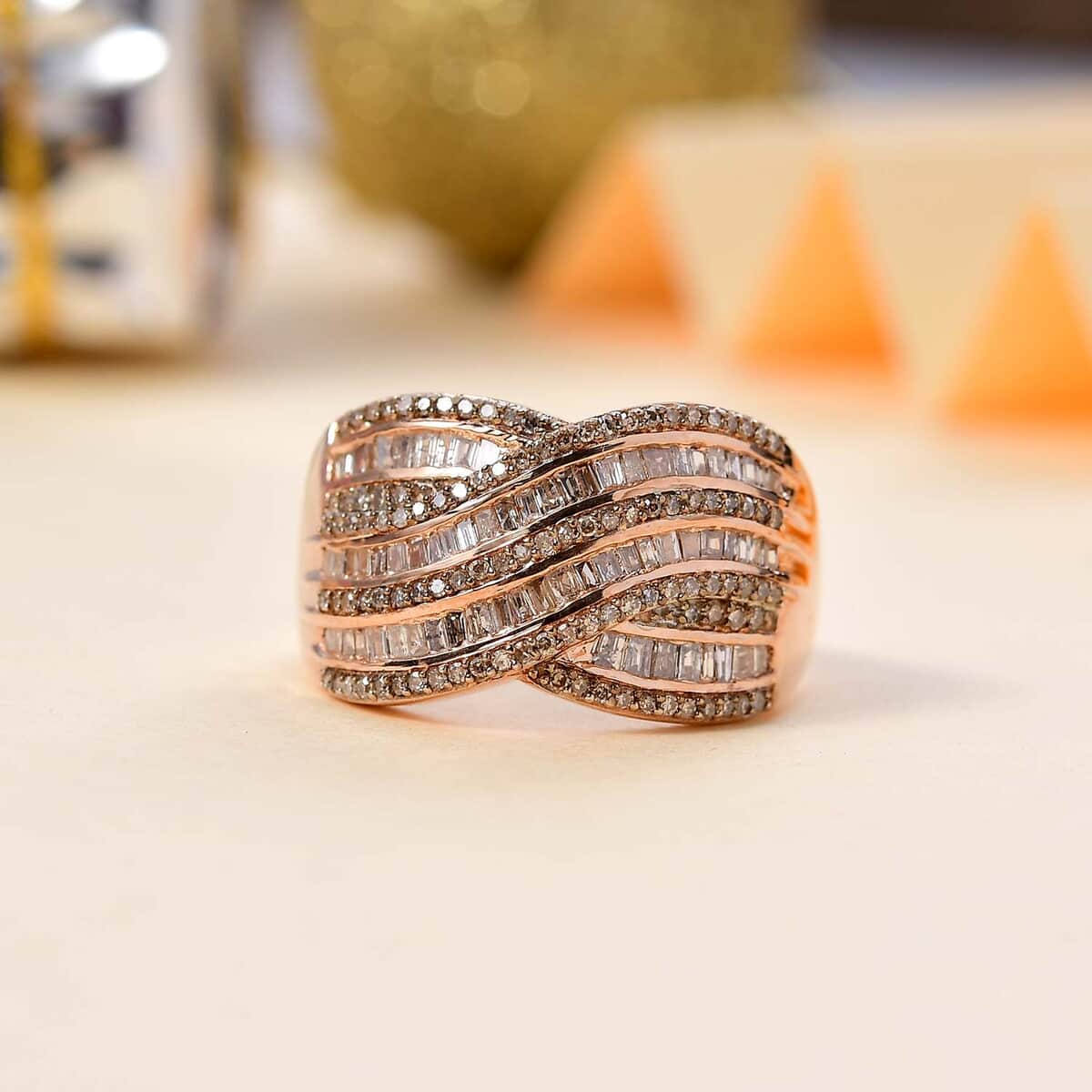 Natural Champagne Diamond 1.00 ctw Bridge Over Ring in 18K Vermeil Rose Gold Over Sterling Silver (Size 8.0) image number 1