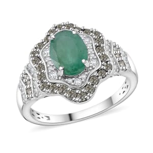 Kagem Zambian Emerald and Multi Gemstone 2.20 ctw Tidal Majesty Ring in Rhodium Over Sterling Silver (Size 9.0)