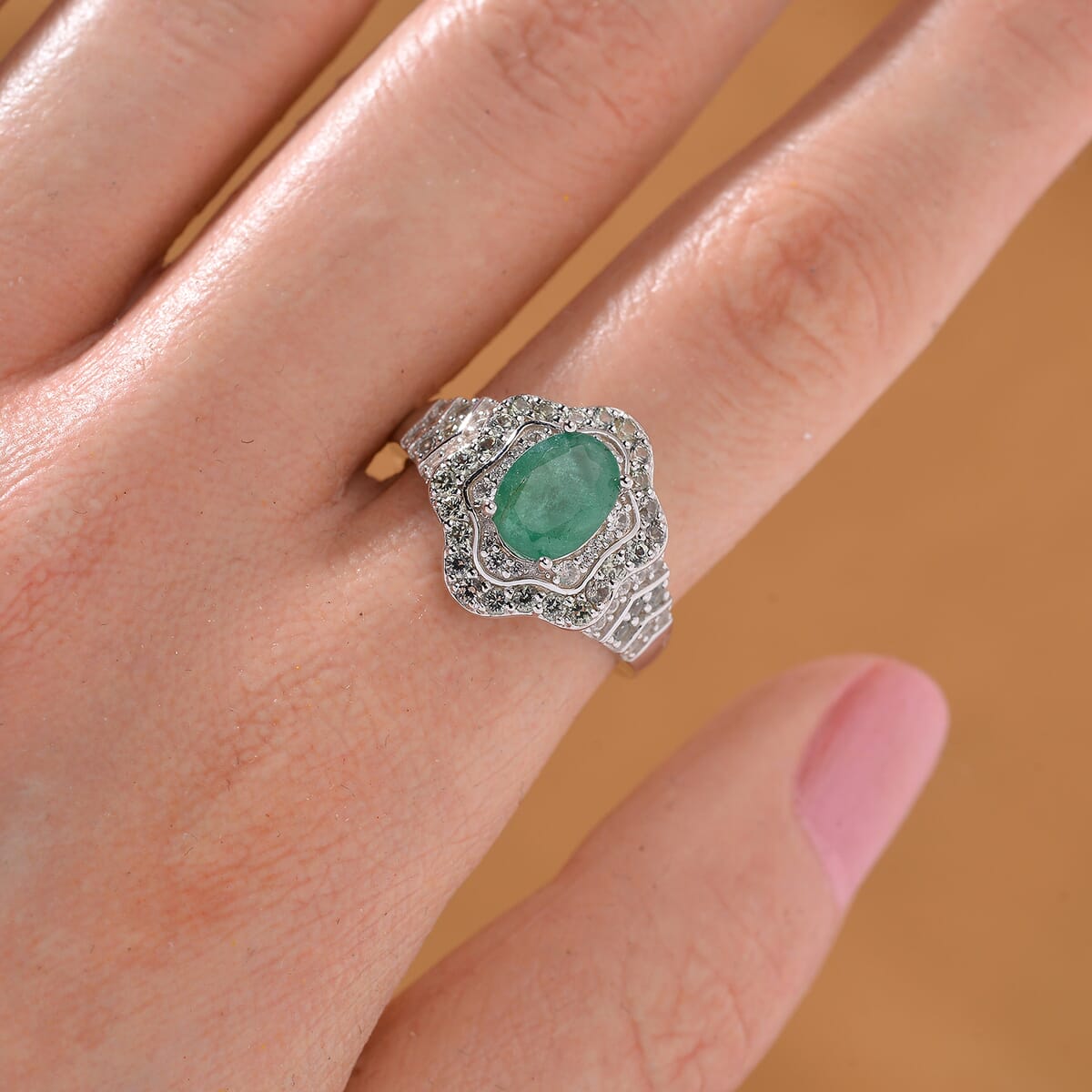 Kagem Zambian Emerald and Multi Gemstone 2.20 ctw Tidal Majesty Ring in Rhodium Over Sterling Silver (Size 9.0) image number 1