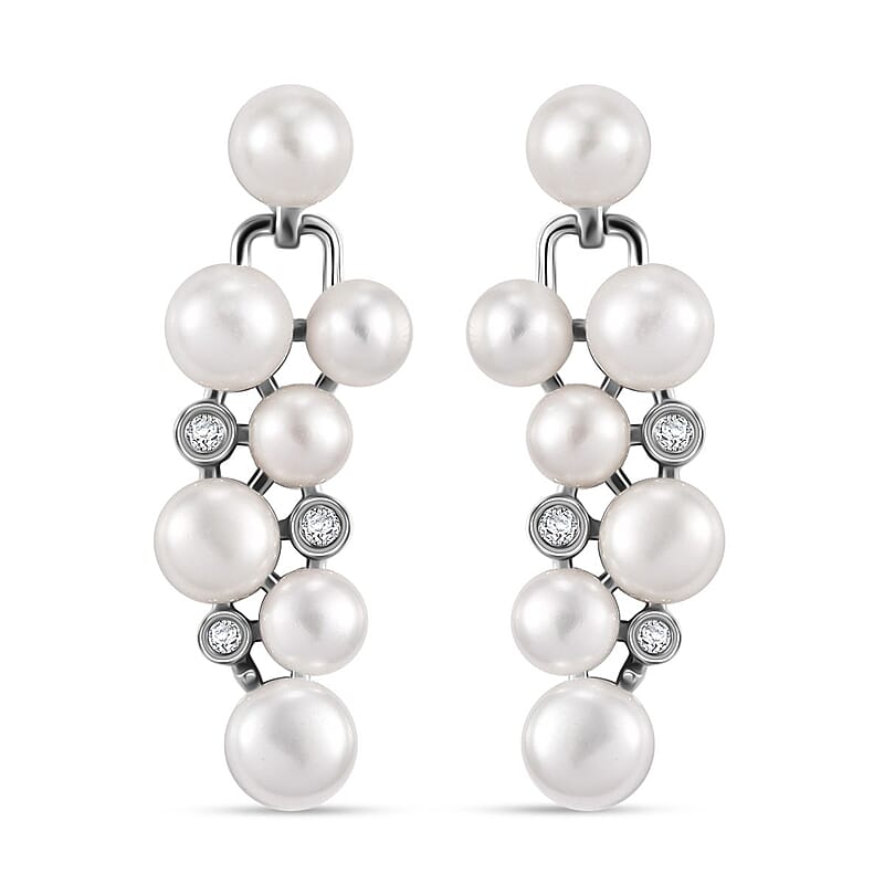 D'Joy Freshwater Pearl and Moissanite 0.10 ctw Earrings in Platinum Over Sterling Silver