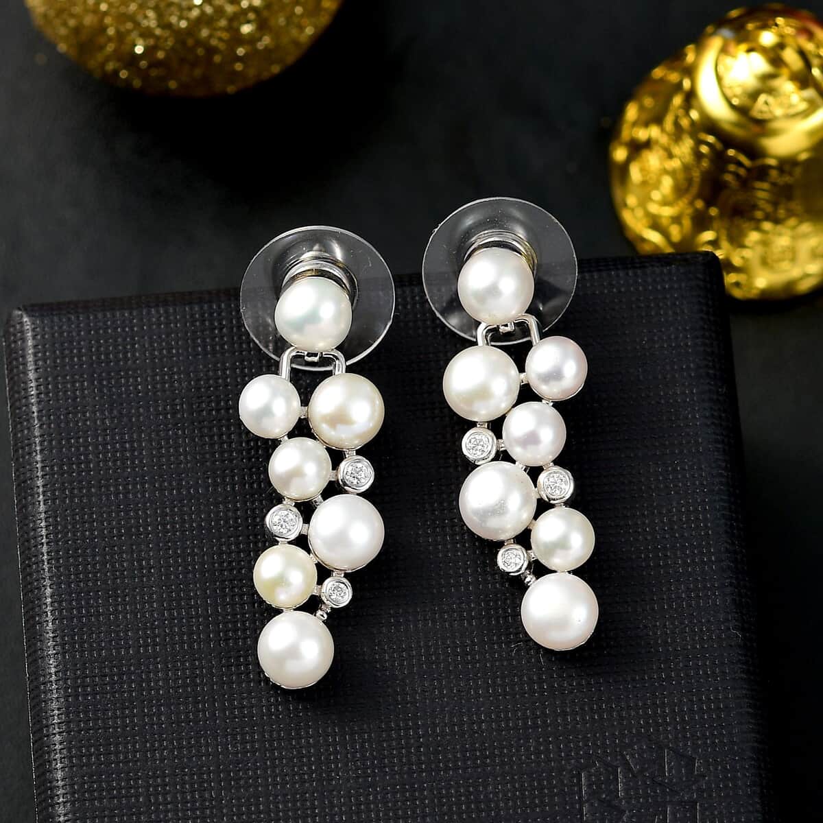 Freshwater Pearl and Moissanite 0.10 ctw Earrings in Platinum Over Sterling Silver image number 1